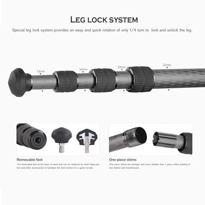 Leofoto 42" Lightweight Carbon Fiber Travel Tripod, Professional Compact Tripod for Camera DSLR Video, Max Load 13Lbs/6KG (LS-224CX) - color: LS-224CX:Max Load 6KG-4 Sections