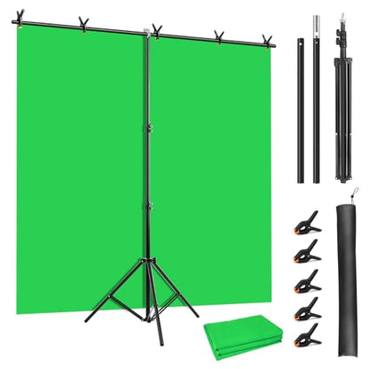 Green Screen Backdrop Kit, 5 x 6.5 ft Portable Green Screen with T-Shaped Stand, Carrying Bag, 5 Clamps, Photography Greenscreen Background Kit for Streaming, Gaming, Zoom - size: 5 x 6.5 ft