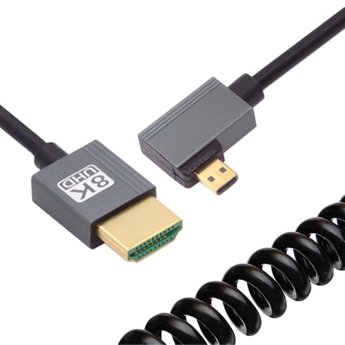 Cable Micro HDMI 2.1 Male to HDMI Male 8K 60hz Stretch Coiled Cable Left Angled 90 Degree for HDTV Camera Laptop Monitor - style: Micro HDMI Left Angled