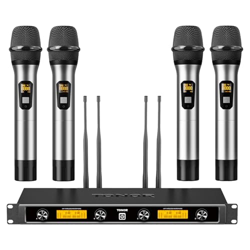TONOR Wireless Microphones System, 4x10 Channel UHF Wireless Mic, 4 Handheld Adjustable Frequency Metal Cordless Dynamic Mic, Multiset Operation, 90 m Ideal for Karaoke Singing Wedding Church, Silver - color: Silver, style: 4 Mics