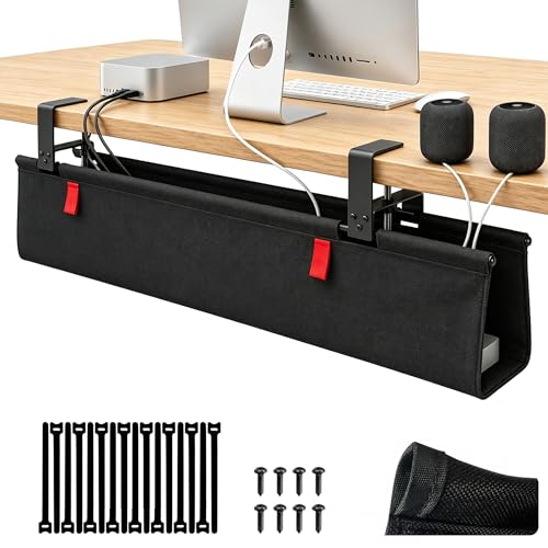 Under Desk Cable Management No Drill – 36" L x 6" W Cord Organizer, Upgraded Silicone Pads (No Scratch), 16 Cable Slots, Washable PE Honeycomb Base, Fits Desks 0–2.1" Thick, Black - color: Black, size: 36 inch