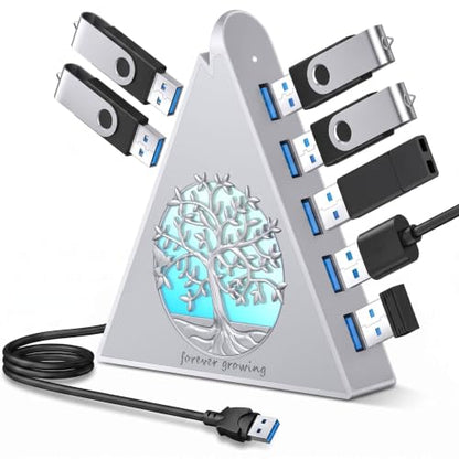 7-Port USB 3.0 Hub, Silver Vertical USB Expander with Tree-Themed RGB Lighting, 5Gbps Transfer Speed, 2FT Extension Cable, for MacBook, Laptop, Desktop, Xbox, Flash Drive, Printer - color: 4-Tree Silver