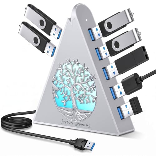 7-Port USB 3.0 Hub, Silver Vertical USB Expander with Tree-Themed RGB Lighting, 5Gbps Transfer Speed, 2FT Extension Cable, for MacBook, Laptop, Desktop, Xbox, Flash Drive, Printer - color: 4-Tree Silver