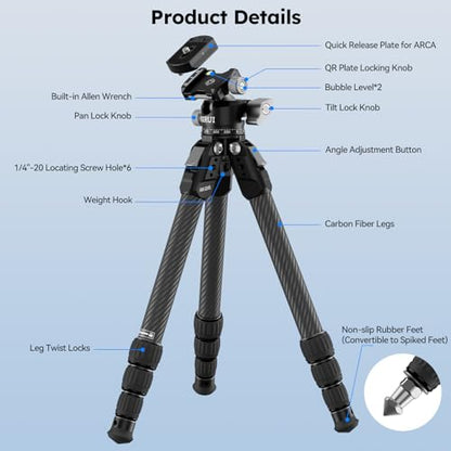 SIRUI 31.5" Compact Carbon Fiber Small Desktop Tripod with Low Profile Ball Head, Portable Lightweight Backpack Camera Tripod with Spikes for Travel Vlogging Tabletop, Macro Photography, AM-224S+G0 - style: AM-224S+G0