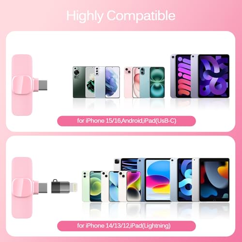 Pink Wireless Lavalier Microphone for iPhone & Android - Mini Clip-On Mic with Noise Cancellation, 65ft Range, 8H Battery, USB-C/Lightning - for TikTok, YouTube, Podcast, Live Streaming - color: Pink