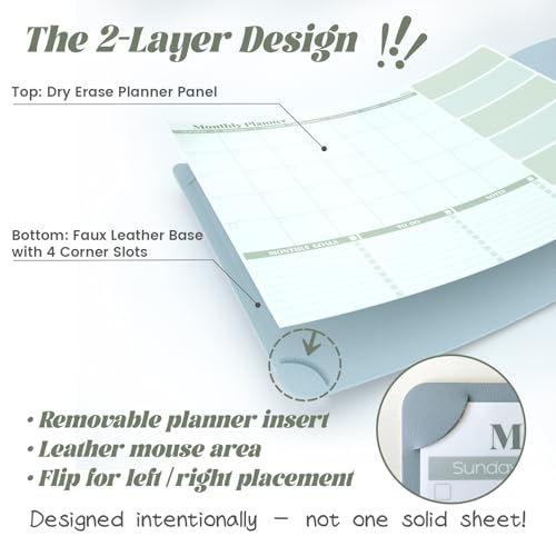 JJPRO Dual-Layer Sage Green Dry Erase Desk Mat,Large Multi-Use Dry Erase Desk Calendar, Erasable Desk Mat,Double-Sided Faux Leather Desk Pad,Reusable Desk Writing Board for Office, Home-16"x34" - color: Sage Green