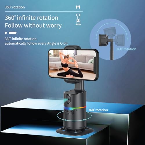 Auto Face Tracking Phone Stand, Desk Tripod Mount with 2 Fill Lights | 360 rotating holder follows you hands-free, gesture control, remote included, no app needed, fits iPhone and Android