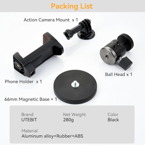UTEBIT 66mm Strong Magnetic Base Mount with 360° Rotation Ball Head, Black | Magnet Camera Mount with Phone Holder Compatible with Gopro Hero, for DJI Osmo Action Osmo Nano, for Insta360, Action Camera - size: 66MM