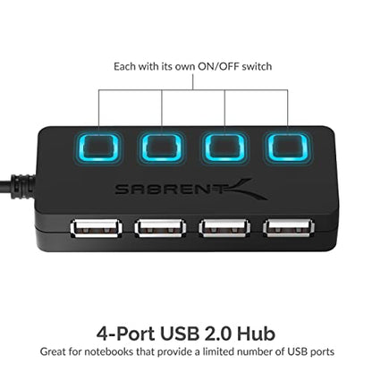 SABRENT 4 Port USB 2.0 Data Hub with Individual LED lit Power Switches [Charging NOT Supported] for Mac & PC (HB-UMLS) (Pack of 2) - size: USB-A 4-Port (Pack of 2)
