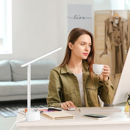Honeywell Upgraded LED Desk Lamp - H01 Pro Sunturalux™ Foldable Desk Light with USB A+C Charging Port, 3 Color Modes Dimmable Table Lamp for Home Office Reading(White) - color: White