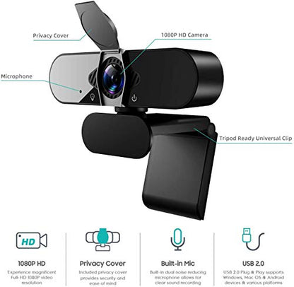 1080P Webcam with Microphone & Privacy Cover, Web Cam USB Camera, Computer HD Streaming Webcam for PC Desktop & Laptop w/Mic, Wide Angle Lens & Large Sensor for Superior Low Light