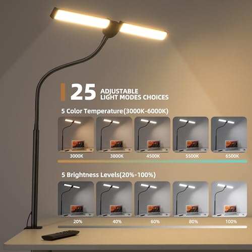 Motumen Led Desk Lamp for Home Office, Eye-Care Architect Light with Clamp, Smart Double Head Computer Monitor Table Clip Lamp, Adjustable Flexible Goose-Neck, 25 Lighting Models, Task Lamp, Black - color: Black