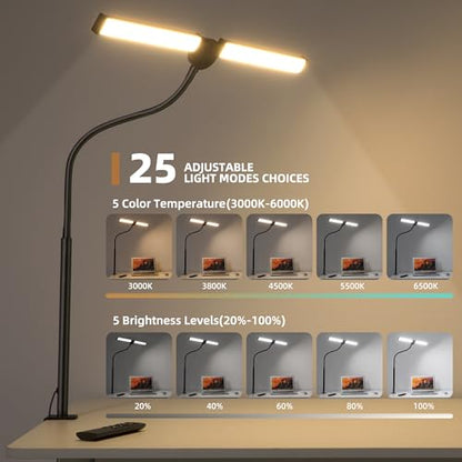 Motumen Led Desk Lamp for Home Office, Eye-Care Architect Light with Clamp, Smart Double Head Computer Monitor Table Clip Lamp, Adjustable Flexible Goose-Neck, 25 Lighting Models, Task Lamp, Black - color: Black