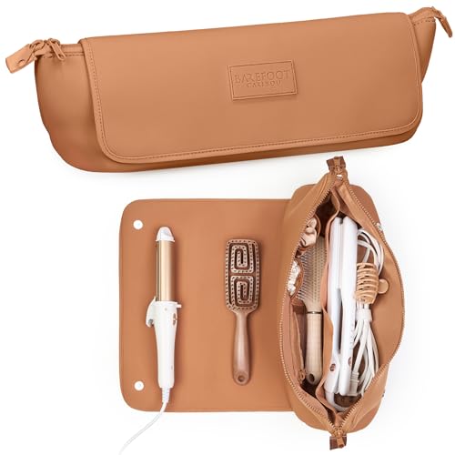 BAREFOOT CARIBOU Hair Tools Travel Bag and Heat Resistant Mat (15.5") for Flat Irons, Straighteners, Curling Iron, Haircare Accessories, 2-in-1 design, Interior Pockets, Portable Organizer (Brown) - color: Brown