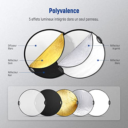 NEEWER 80cm Light Reflector with Handle & 3/8" Thread, 5 in 1 Foldable Round Light Diffuser, Translucent/Silver/Gold/White/Black for Studio or Outdoor Photo Lighting, RF-80II - style: 80cm