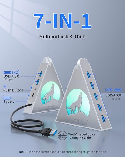 7 Port USB Hub, JoyReken USB 3.0 Hub with 2 FT Long Cable, Vertical USB Extension Hub for Laptop, MacBook,Xbox,PS4/5, Flash Drive, XPS, PC, Flash Drive, Game Console, Printer, Keyborad, Mouse (Silver) - color: 5-Wolf Silver