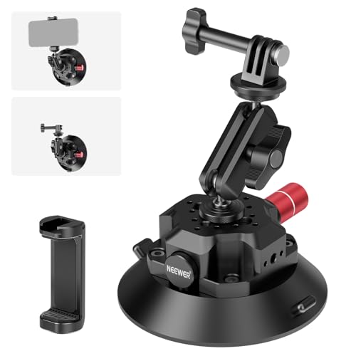 NEEWER 4.5" Suction Cup Camera Mount with Ball Head Magic Arm, 1/4" 3/8" ARRI Holes, Quick Release Car Mount with Phone Holder & Action Cam Adapter Compatible with iPhone DJI Insta360, CA105