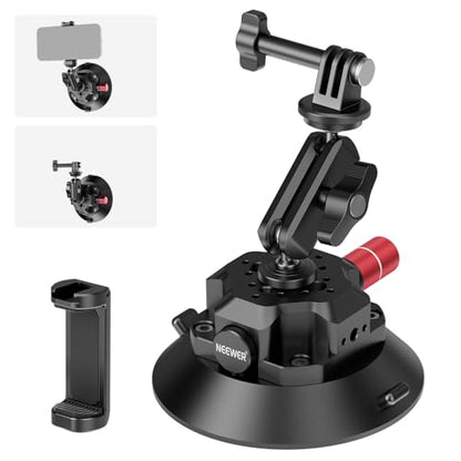 NEEWER 4.5" Suction Cup Camera Mount with Ball Head Magic Arm, 1/4" 3/8" ARRI Holes, Quick Release Car Mount with Phone Holder & Action Cam Adapter Compatible with iPhone DJI Insta360, CA105