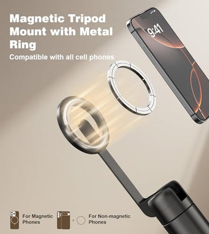 TONEOF 68" Magnetic Selfie Stick Tripod with Aluminum Strong Magnetic Holder for Magsafe, 360° Rotatable Travel Phone Tripod Stand with Metal Ring & Rechargeable Remote for iPhone/Android（Black） - color: Black