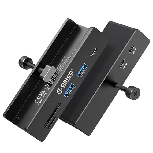 ORICO USB Hub 3.2, Clamp USB-Hub with Extra Power Supply Port, 10Gbps Aluminum 5-Port USB Extender with 2 USB-A 3.2 Ports, USB-C 3.2, SD/TF Card Reader 3.0, USB-3.2 Splitter for Monitor, Desk - color: Black