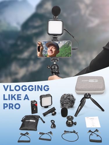 USKEYVISION Smartphone Vlogging Kit for iPhone 16/15/14 Mini/Pro/Max, Android Smartphone Content Creator Kit w/Microphone Light Auto-Switch Phone Clip for YouTube Tiktok Live Steam (Vlog K2)