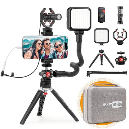 USKEYVISION Smartphone Video Vlogging Kit Metal Microphone Light Tiktok YouTube Podcast Equipment for iPhone 16/15/14 Mini/Pro/Max, Android Smartphone (V-Master)