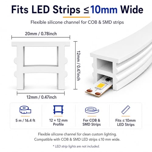 Silicone LED Channel 16.4FT, Flexible Neon Tube Light Cover for LED Strips up to 10mm Wide, Milky White LED Strip Diffuser Channel, DIY Spotless Light Cover for Cabinet Lighting, No Strip Included