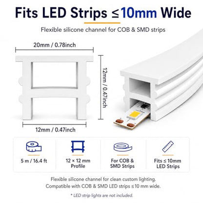 Silicone LED Channel 16.4FT, Flexible Neon Tube Light Cover for LED Strips up to 10mm Wide, Milky White LED Strip Diffuser Channel, DIY Spotless Light Cover for Cabinet Lighting, No Strip Included