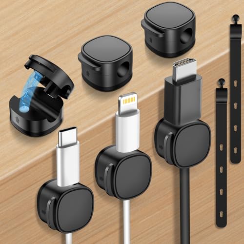 MOZOTER 6 Pack,Magnetic Cable Clips & Silicon Cable Ties,Cord Holder[Cable Smooth Adjustable Desk Organizer],Under Desk Cable Management,Adhesive Home Office Wire Holder Keeper Wire Sets-Black - color: Black