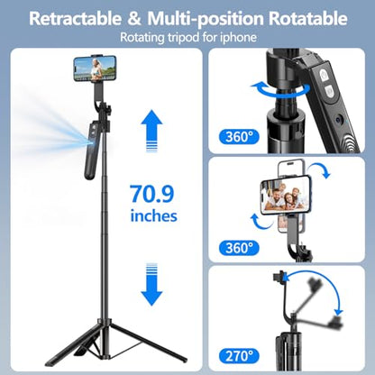 Auto Face Tracking Tripod with 360 Rotation Stand, 70.9"Ai Motion Tracking, Grados de Movimiento Celular Selfie Stick Rotation with Remote, Motion Sensor Phone Stand, for Vlog/Live Stream/Video Record