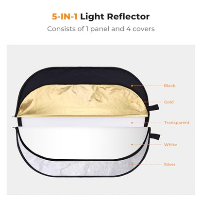 K&F CONCEPT 24" x36”(60x90cm) 5-in-1 Oval Foldable Reflector with Carrying Bag, Gold, Silver, Black, White Reflective Fabric and Translucent Soft Fabric for Studio Lighting - size: 60x90cm