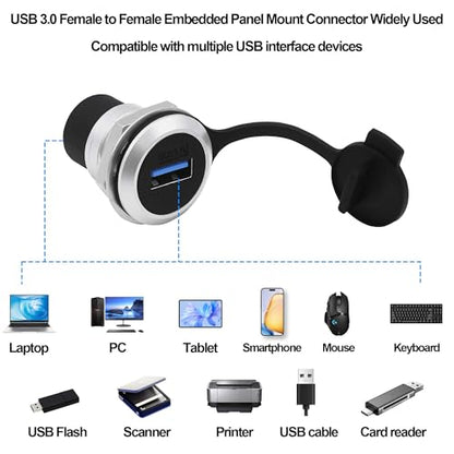 USB 3.0 Panel Mount Coupler USB Type A Female to Female Adapter Threaded Fixed Bulkhead Extension Embedded Round Connector with Water/Dustproof Cap