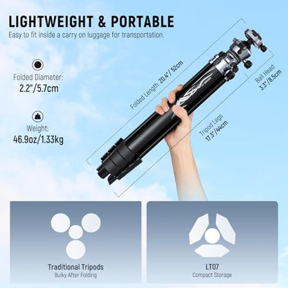 NEEWER LITETRIP LT07 61" Aluminum Travel Tripod for Camera w Pan Tilt Low Profile Ball Head, Arca QR Plate Compatible with PD Tripod Plate, Dual Center Axis, Phone Holder, Max Load 22lb - style: LT07 w/Clip