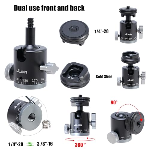 FocusFoto Dual-Purpose Panoramic Ball Head with Cold Shoe Adapter - 360° Rotation & 90° Tilt Mini Tripod Ballhead Mount, 1/4"-20 to 3/8"-16 Screw with Scale Markings for Camera/Lighting/Smartphone - style: 360° Ballhead