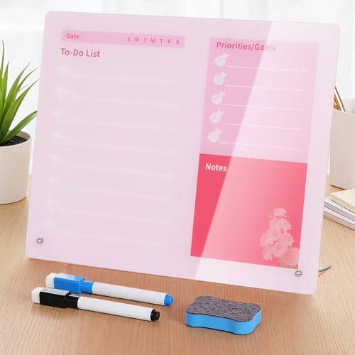 LeMotech Desktop Acrylic Dry Erase Board, 15.7x11.8 inches to-Do List Planner, Tabletop Whiteboard with Stand Office Supplies Includes 2 Markers & 1 Eraser, Pink Rose Pattern, 1 Pack - color: Pink, size: 15.7"W x 11.8"H (1 Pack)