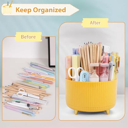 SKYDUE 360 Degree Rotating Desk Organizer, Dual-Purpose Pencil Pen Holder, Rotating Desk Pen Organizer with 5 Slots, Pencil Cup for Office, School, Home - color: Yellow