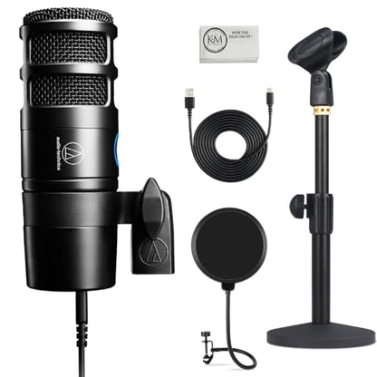 Audio-Technica AT2040USB Hypercardioid Dynamic USB Podcast Microphone Bundled with Pop Filter + Desktop Stand + Cleaning Cloth (4 Items) - style: w/ Desktop Mic Stand