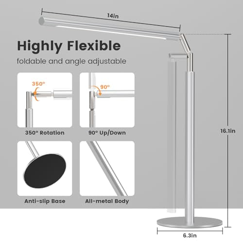 SIBRILLE Silver LED Desk Lamp, 16" Dimmable Metal Desk Light with Base, 15W 1200LM, Adapter Included, Color & Brightness Adjustable, Modern Tall Table Lamp for Home Office Reading Study Task Laptop - color: Silver