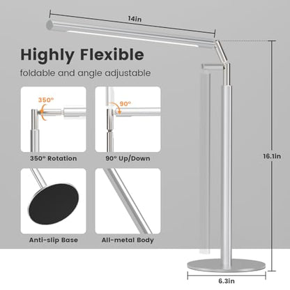 SIBRILLE Silver LED Desk Lamp, 16" Dimmable Metal Desk Light with Base, 15W 1200LM, Adapter Included, Color & Brightness Adjustable, Modern Tall Table Lamp for Home Office Reading Study Task Laptop - color: Silver