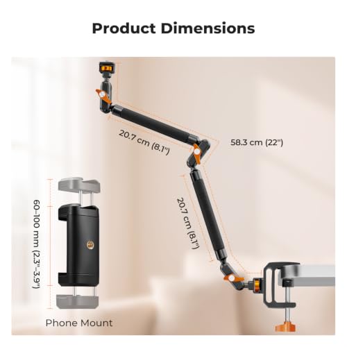 K&F CONCEPT 22" Magic Arm Clamp Kit, Flexible Desk Camera Mount, Long Articulating Friction Boom Arm for Phone, Action Camera, LED Light, Microphone