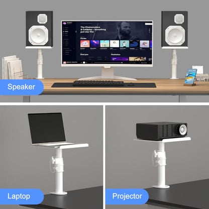 suptek Clamp-on Speaker Stand Desk Mount Set, Height Adjustment, Tilt, Swivel, 9.6 x 8.8 inch Trays, Universal Audio Holders for Computer and Bookshelf Speakers, Elevated Sound, 2 Pack, White, SDM001W - color: White