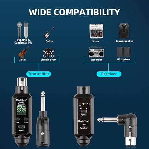 48V Phantom Power Wireless XLR System - 0V/5V/48V Switchable for Dynamic & Condenser Mics - UHF Audio Adapter with Lavalier & Instrument Microphone for Mixer PA DJ