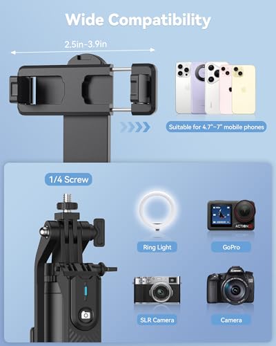 TECKNET 71" Selfie Stick Tripod for Phone with Light, Portable Extendable Cell Phone Tripod Stand with Wireless Remote and Phone Holder, with Wireless Remote Control for iPhone/Android/Camera - color: Light Black