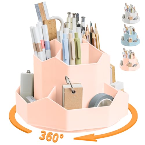 Pencil Pen Holder for Desk,9 Slots 360 Degree Rotating Desk Organizers,Desktop Storage Stationery Supplies Organizer, Cute Pencil Cup Pot For Office, School, Home(Pink) - color: Pink
