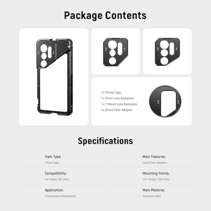 NEEWER S25 Ultra Phone Cage, Mobile Video Rig Phone Stabilizer with 67mm Filter Adapter, 17mm Lens Backplate, T Mount Lens Adapter, Compatible with Samsung Galaxy Moment T Series Lenses, PA082