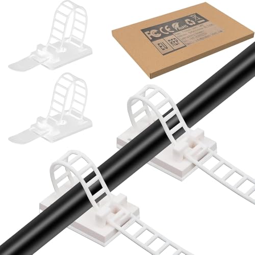 Adjustable Adhesive Cable Management Clips 50Pcs, Large self Adhesive Cable Ties Clips ，Suitable for Cable Management Under desks and on Walls (White) - color: White