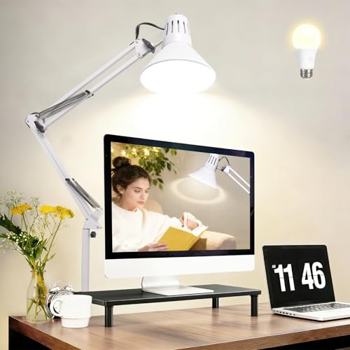 LED Desk Lamp With Clamp for Office Home, Eye-Caring Clip on Light with Adjustable Extra Tall Metal Swing Arm, High Intensity Clamp w/A19 E26 Bulb for Working Reading, 3000k Table Lamps Warm Light - color: White, size: 3000K Warm Light-Extra Long Swing Ar