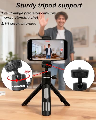 CAMBOFOTO Mini Tripod, Compact Lightweight Stand for Vlogging, Live Streaming, Stable Durable Celephone Tripod, Ideal for Home Office and Content Creators, with Phone Holder and Action Camera Mount