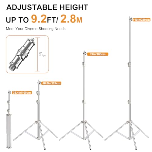 9.2 FT Stainless Steel Photography Stand, Heavy Duty Tripod With 1/4" to 3/8" Screw Adapter for Strobe, LED Video Light, Ring Light, Monolight, Softbox