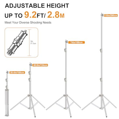 9.2 FT Stainless Steel Photography Stand, Heavy Duty Tripod With 1/4" to 3/8" Screw Adapter for Strobe, LED Video Light, Ring Light, Monolight, Softbox